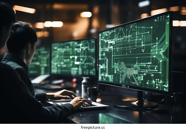 Two Asian men working on a computer code in a dark room