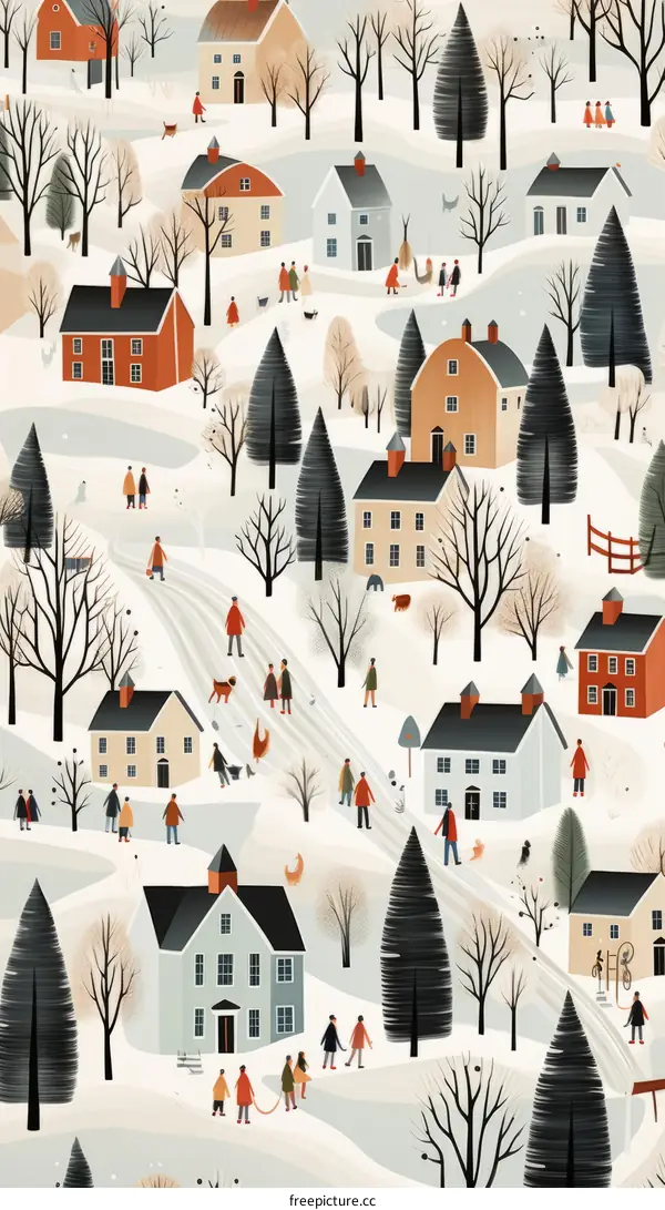Snowy Village Scene with Figures Walking