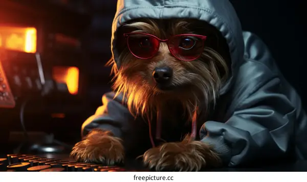 A Yorkshire Terrier Wearing a Hoodie and Glasses is Sitting in Front of a Computer Keyboard
