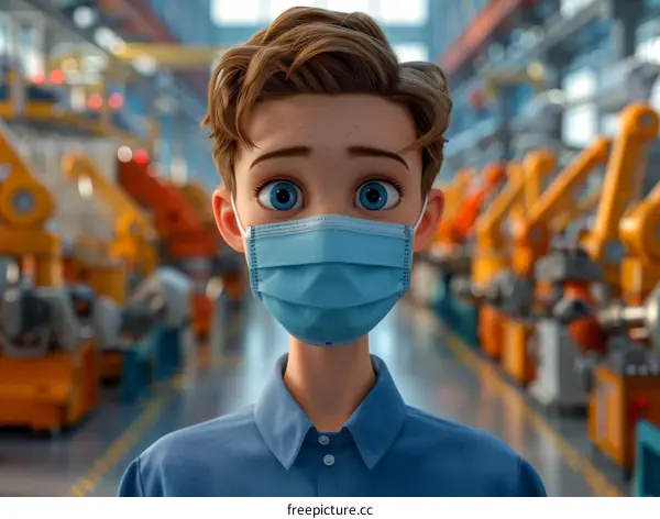 boy wearing a mask in a factory full of machines