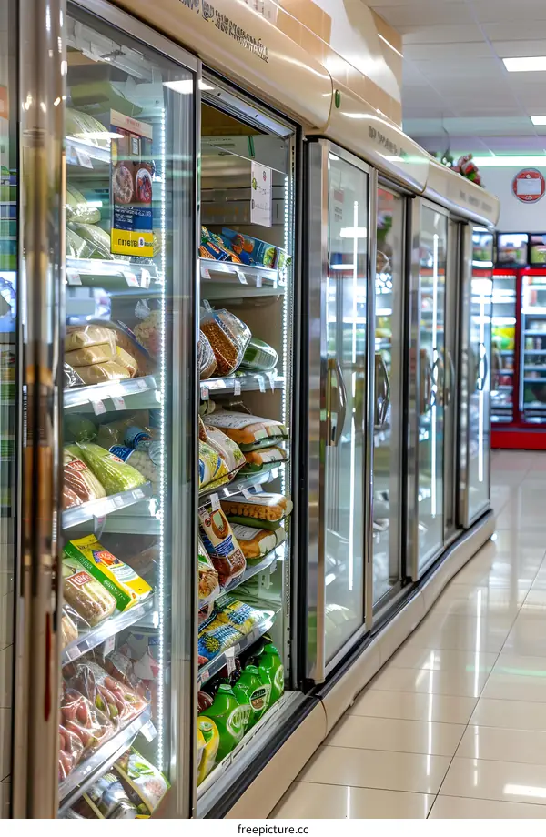 Frozen Food Display in Supermarket Aisle