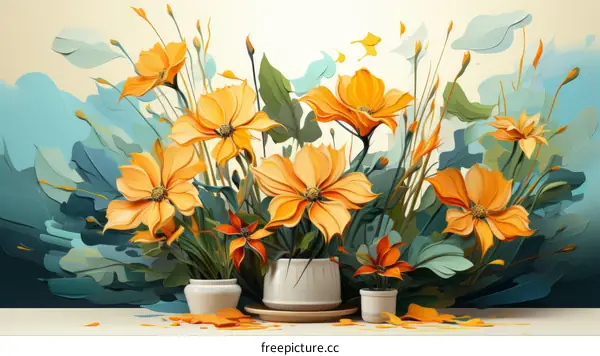 Three pots of yellow and red flowers