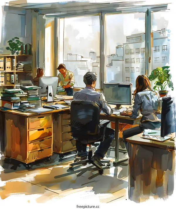 watercolor painting of people working in an office