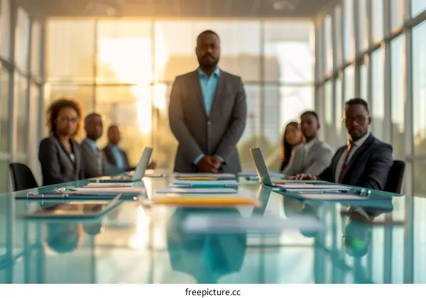 A group of business professionals having a meeting in a modern office space