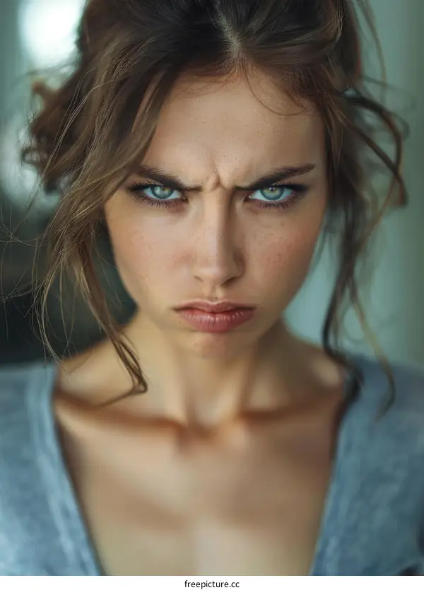 Close up Portrait of a Young Woman with Green Eyes and an Angry Expression