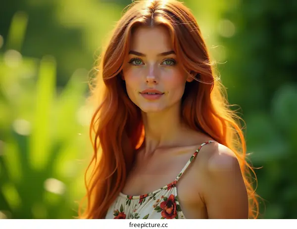 Redhead Woman in a Garden with Green Leaves