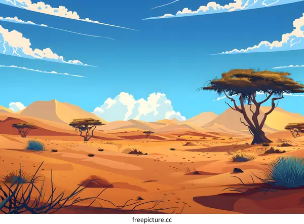 Desert Landscape Illustration with Trees and Blue Sky