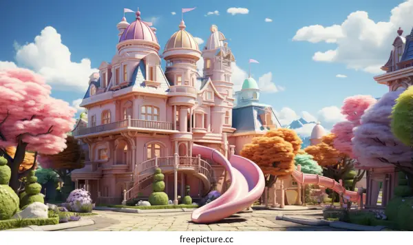 Pink and Blue Cartoon House with Slide