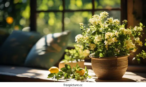 A beautiful bouquet of white flowers sits on a wooden table near a window.