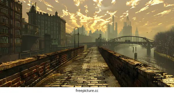 A brick-paved street in a city with a canal