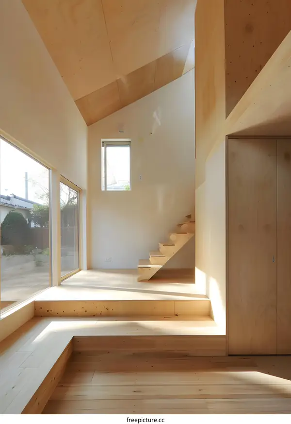 Modern Minimalist Home Interior Design With Wooden Stairs