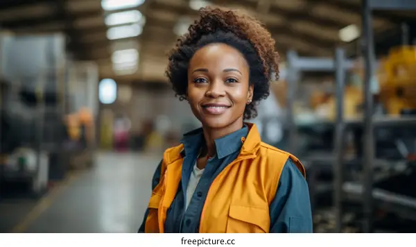 Portrait of a smiling African American woman wearing a yellow safety vest in a warehouse