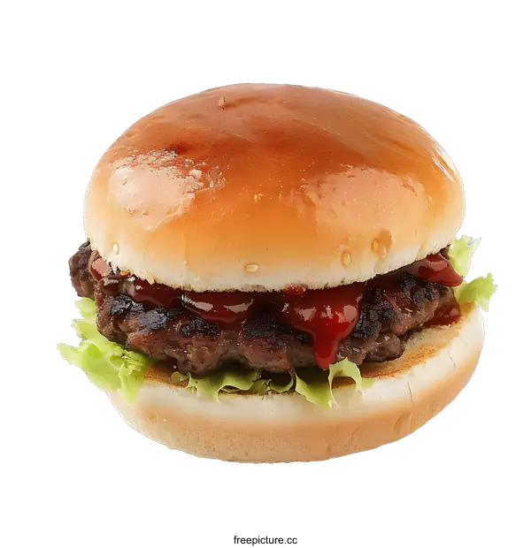 [Transparent Background PNG]Close Up of a Delicious Hamburger with Ketchup and Lettuce on a White Background