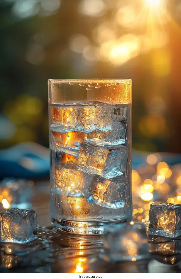 glass of water with ice cubes on a table with a blurred background