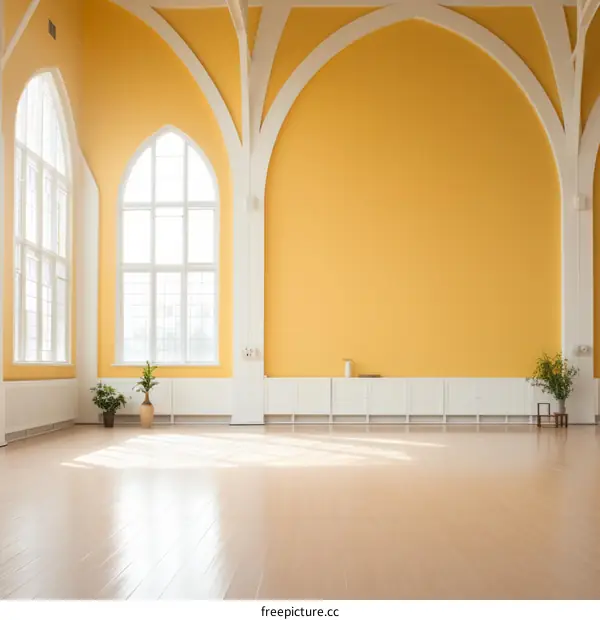 Bright yellow room with arched windows and wooden floor