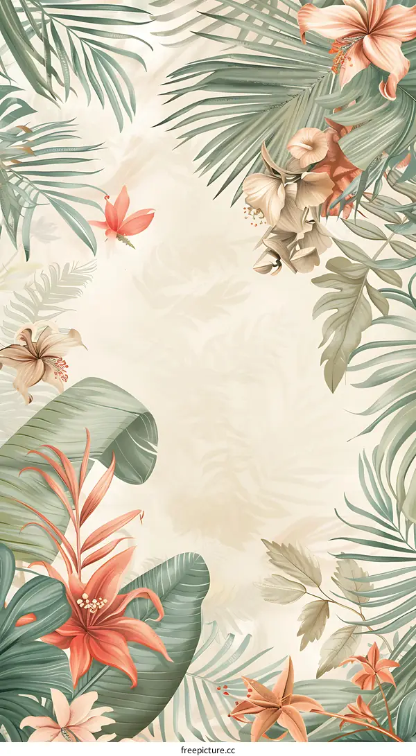 Tropical Floral Border Illustration with Green Leaves