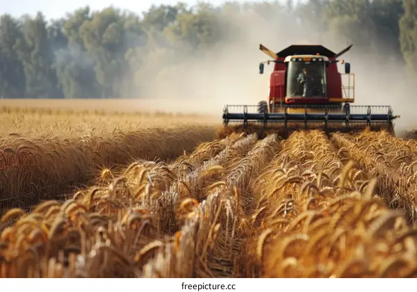 Red combine harvester harvesting golden wheat field
