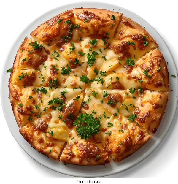 Delicious cheese and potato pizza overhead
