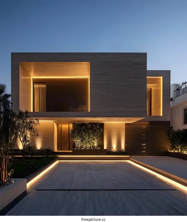Modern Minimalist Home Exterior Design with Stone Facade and Warm Lighting