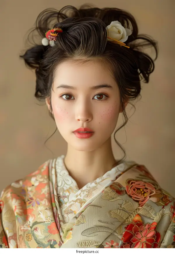 Portrait of a young woman in a kimono