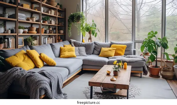 Cozy Living Room with Velvet Gray Couch, Yellow Pillows and Wood Coffee Table