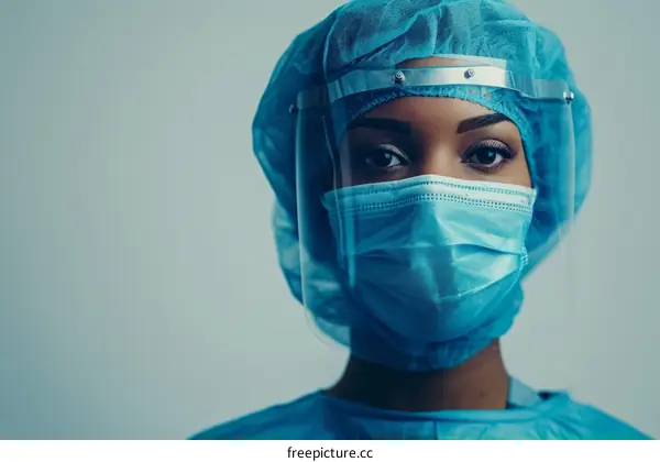 Portrait of a confident female doctor wearing a surgical mask and face shield