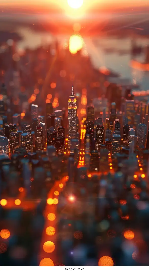 Miniature City Model with Skyscrapers and Sunset