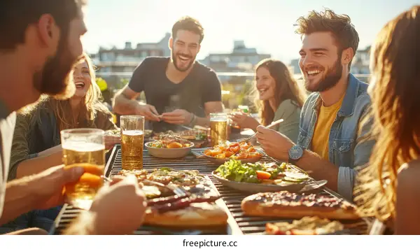 Group of friends enjoying an outdoor rooftop BBQ
