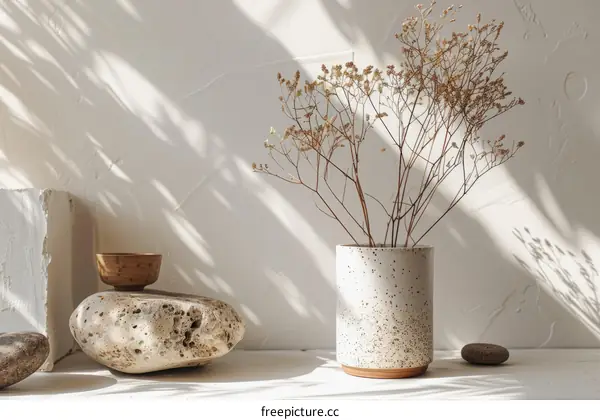 Dried Flowers in Ceramic Vase on White Table