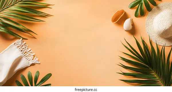 Summer Tropical Flat Lay With Palm Leaves and Hat