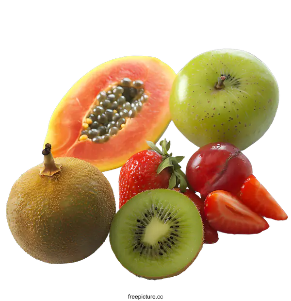 [Transparent Background PNG]Fresh Fruit Collection: Kiwi, Papaya, Apple and Strawberries