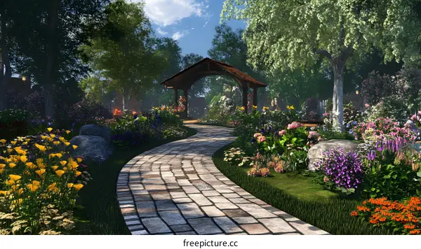 Stone Pathway Leading Through a Lush Garden