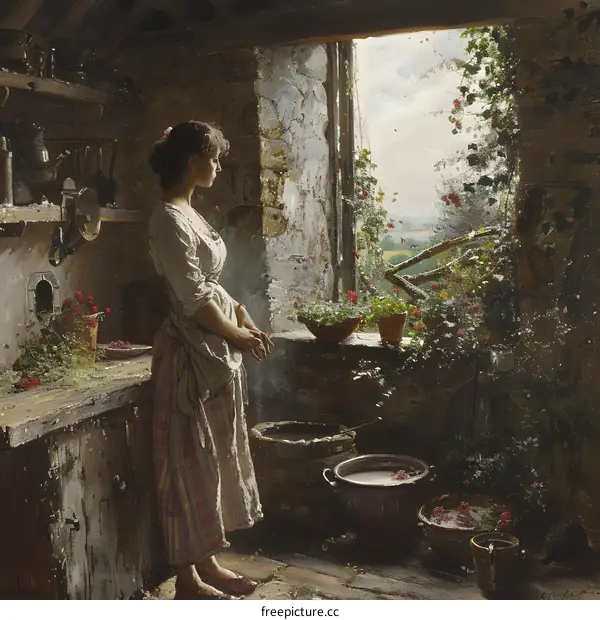Woman in a Rustic Kitchen Gazing Out the Window
