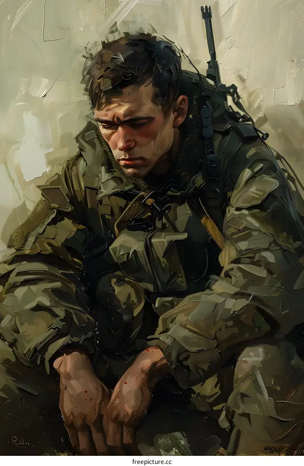 A portrait of a soldier wearing a military uniform and a backpack with a gun on his back. The soldier is sitting on the ground with his head in his hands.