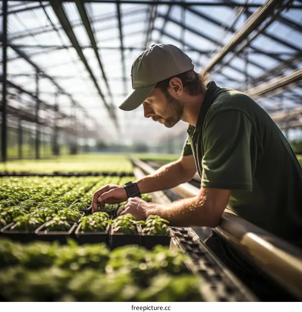 Male farmer working in greenhouse