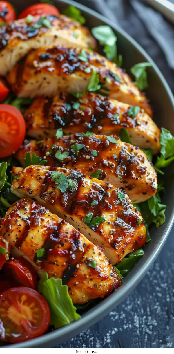 Grilled balsamic chicken breasts with fresh tomato salad