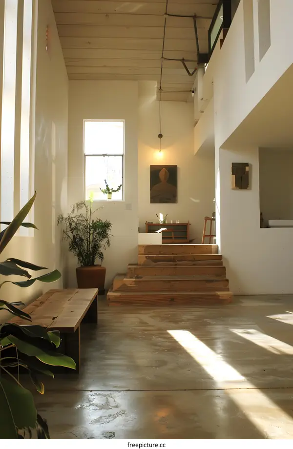 Minimalist Modern Interior Design with Wooden Staircase and Plant