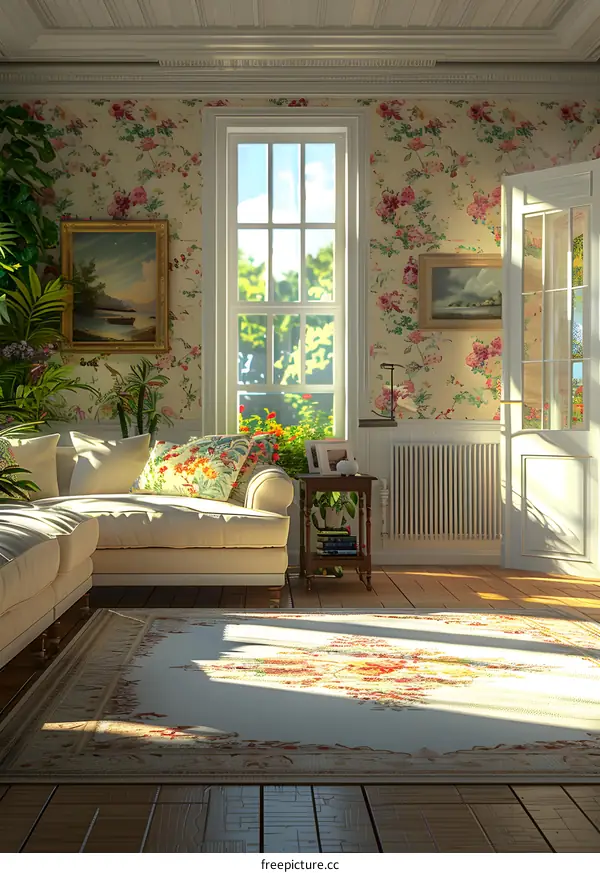 Living Room With Floral Wallpaper and Beige Sofa