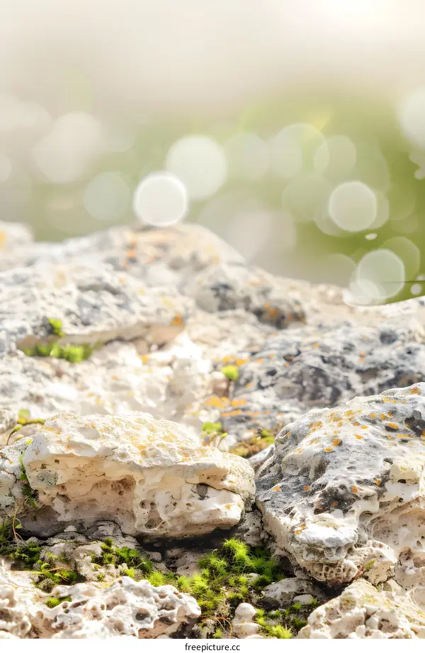 Closeup of Stone Texture with Green Moss and Blurred Background