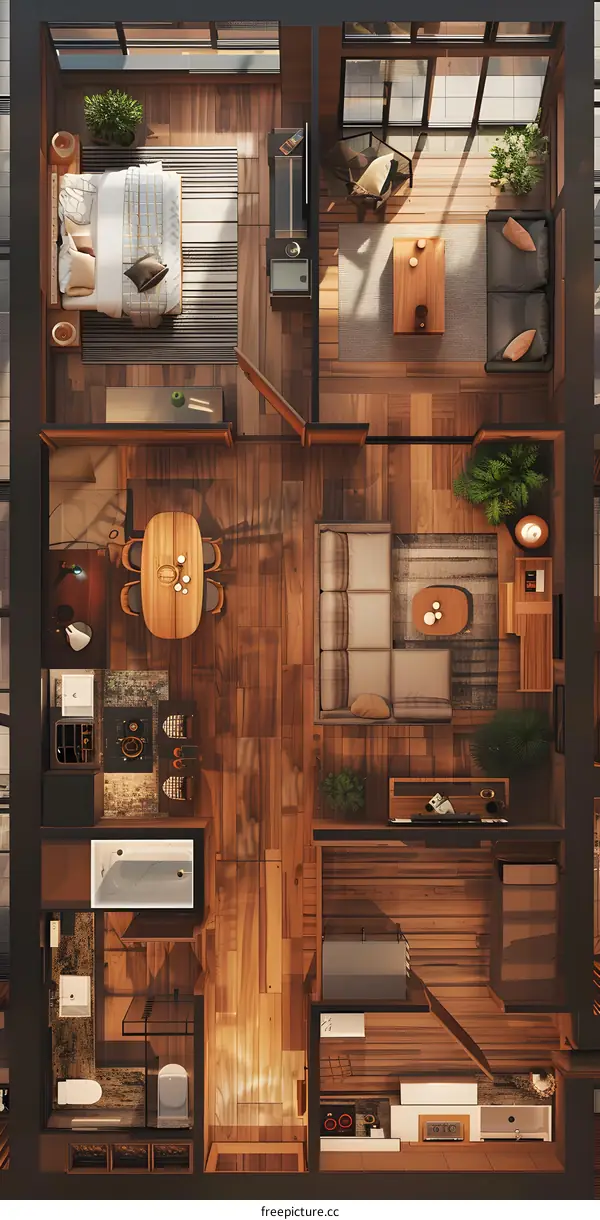 Top View Of Modern Apartment With Wooden Floor