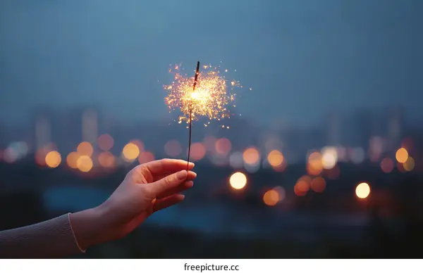 Handheld Sparkler at Night Over City Lights