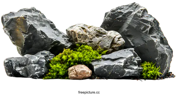 [Transparent Background PNG]Grey Rock with Green Moss Isolated on White Background