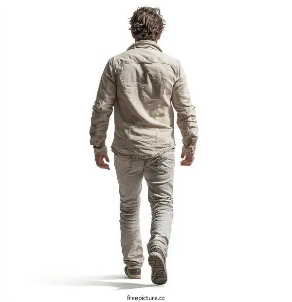 Full Body Shot of a Man Walking with a Beige Shirt and Light Gray Pants