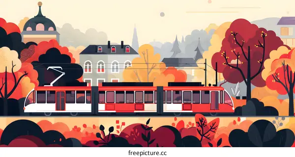 Autumn Cityscape With Tram and Trees