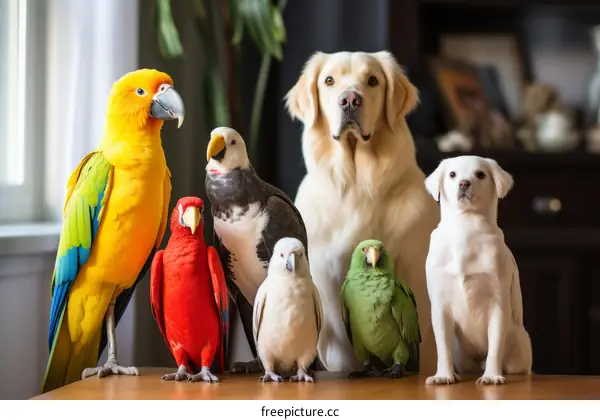 A Group of Colorful Birds and a Dog