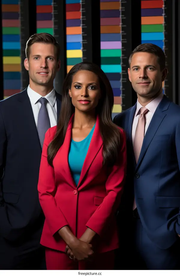 Three people in suits posing for a photo in front of a colorful background