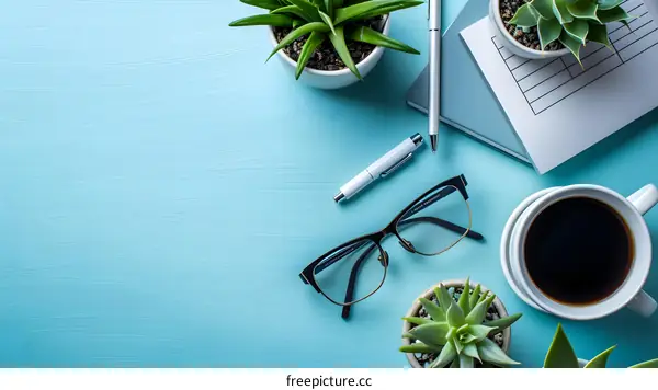 Office Desk Top View With Coffee And Plants