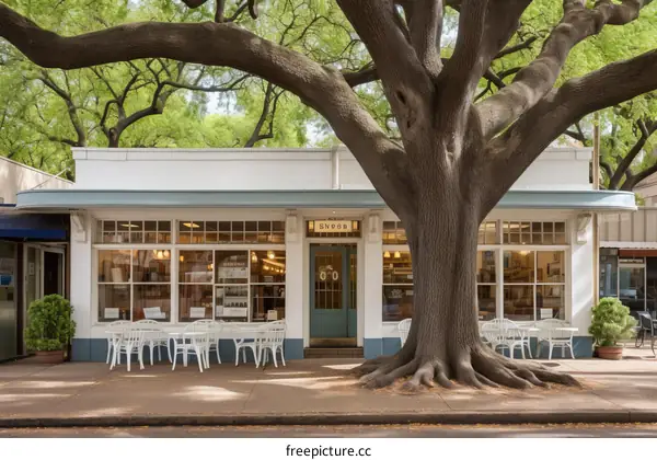 Coffee shop exterior with large tree