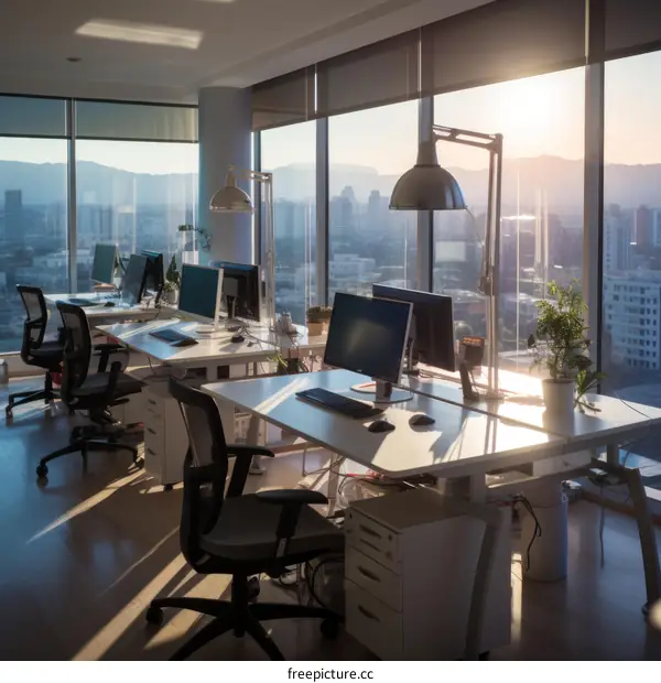 Modern office interior with large windows and city view