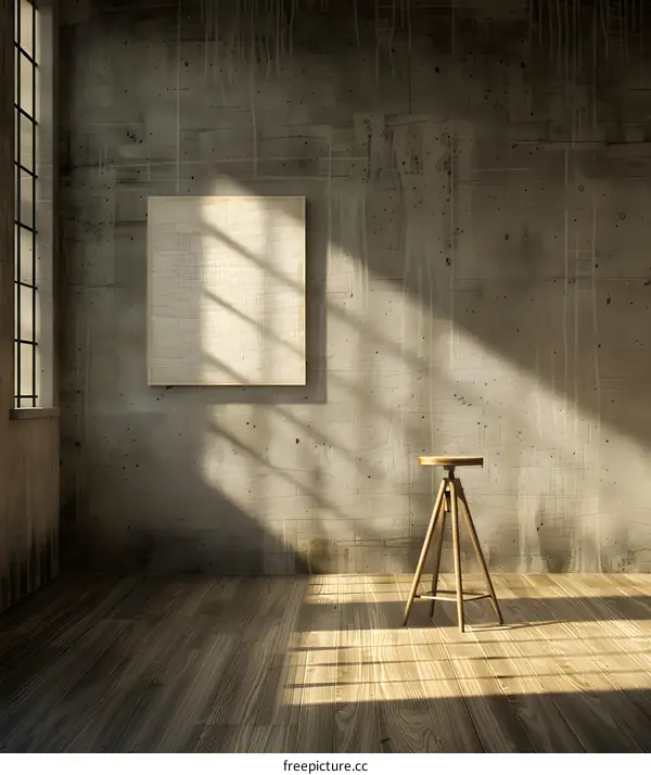 Empty Room Interior Design with Wooden Stool and Canvas